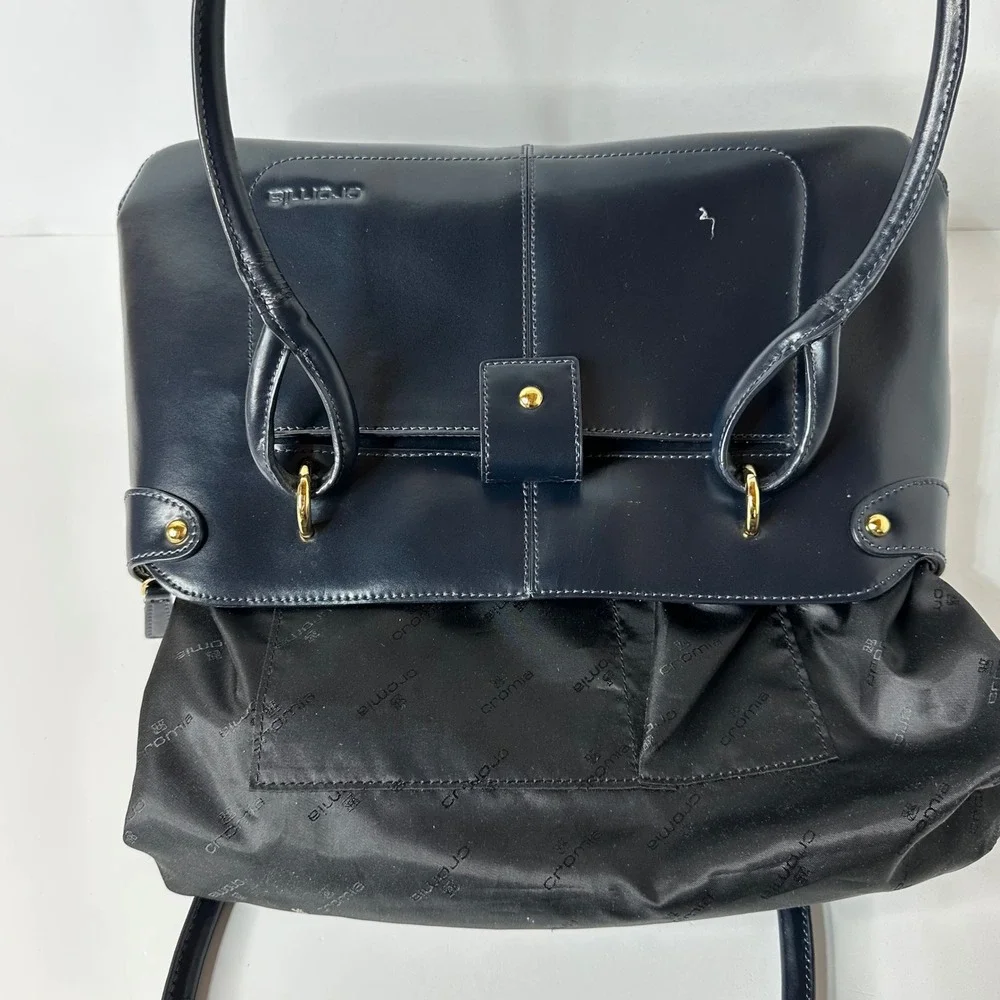 Cromia Navy Blue Leather Shoulder Bag Made in Italy Gold Tone Hardware READ